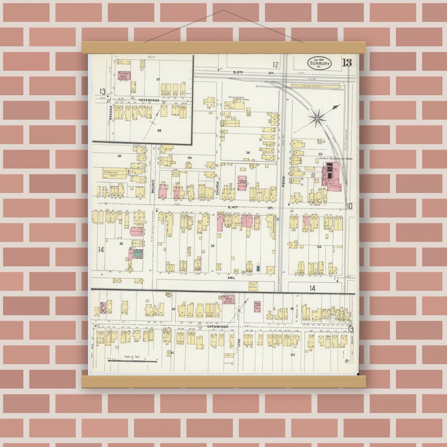 Old map wall art mockup — magnetic wood frame on brick wall — Sanborn Fire Insurance Map from Sunbury, Northumberland County, Pennsylvania (1907), Sheet #0013