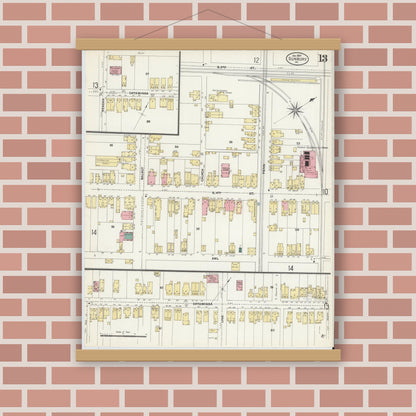 Old map wall art mockup — magnetic wood frame on brick wall — Sanborn Fire Insurance Map from Sunbury, Northumberland County, Pennsylvania (1907), Sheet #0013