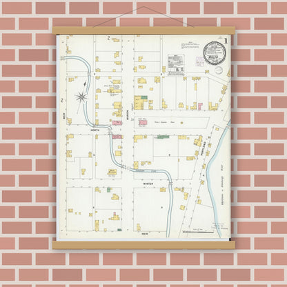 Old map wall art mockup — magnetic wood frame on brick wall — Sanborn Fire Insurance Map from Waldo, Marion County, Ohio (1901), Sheet #0001