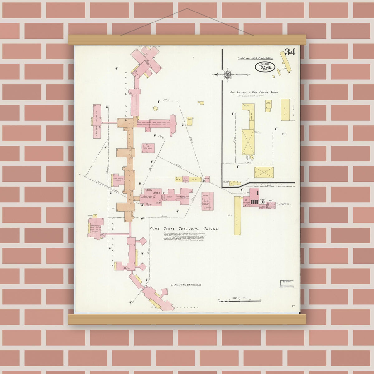 Old map wall art mockup — magnetic wood frame on brick wall — Sanborn Fire Insurance Map from Rome, Oneida County, New York (1909), Sheet #0034