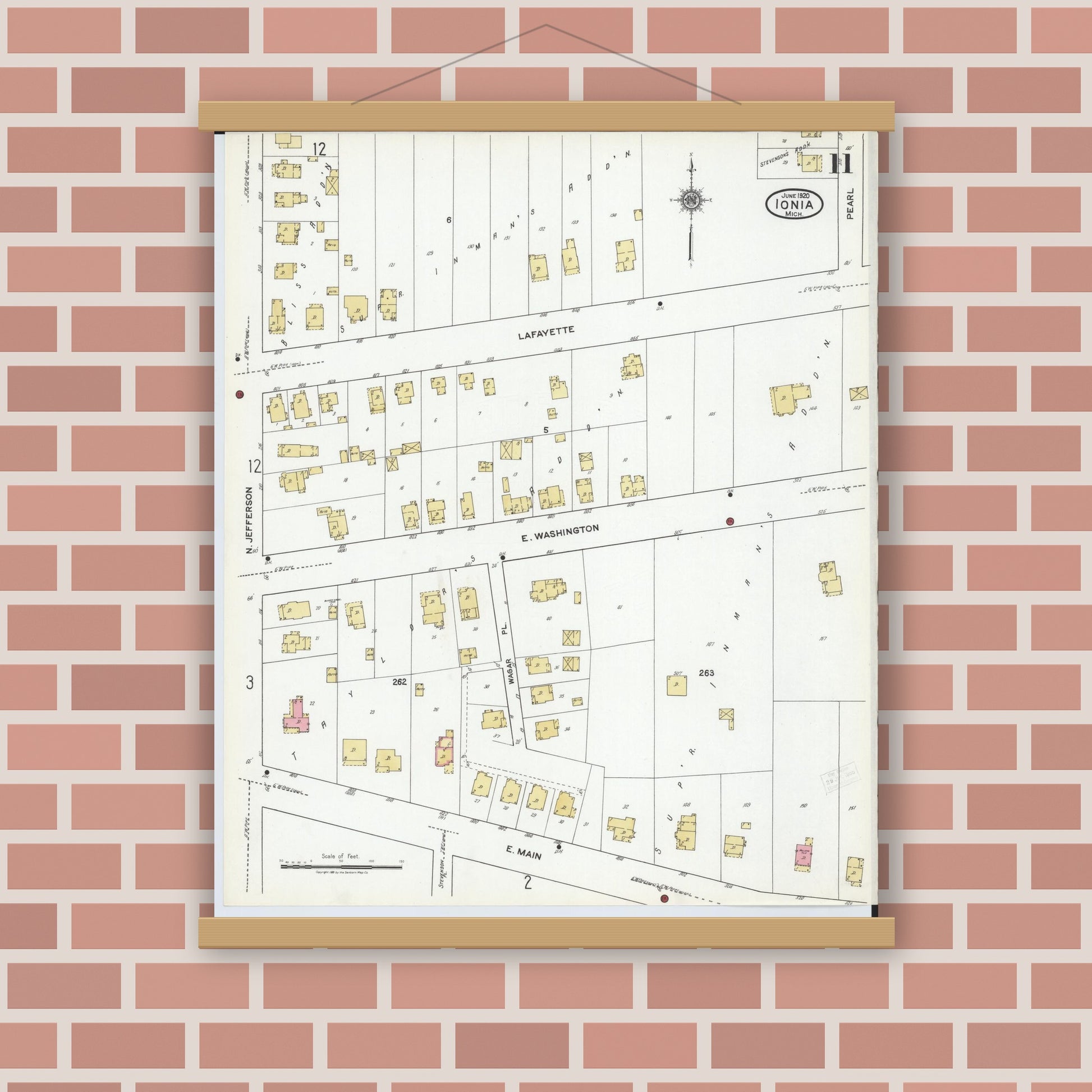 Old map wall art mockup — magnetic wood frame on brick wall — Sanborn Fire Insurance Map from Ionia, Ionia County, Michigan (1920), Sheet #0011