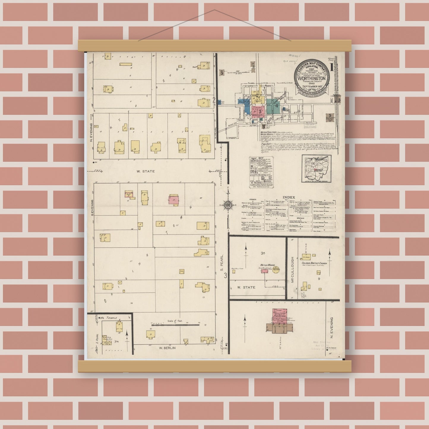 Old map wall art mockup — magnetic wood frame on brick wall — Sanborn Fire Insurance Map from Worthington, Franklin County, Ohio (1922) - Complete Map Set