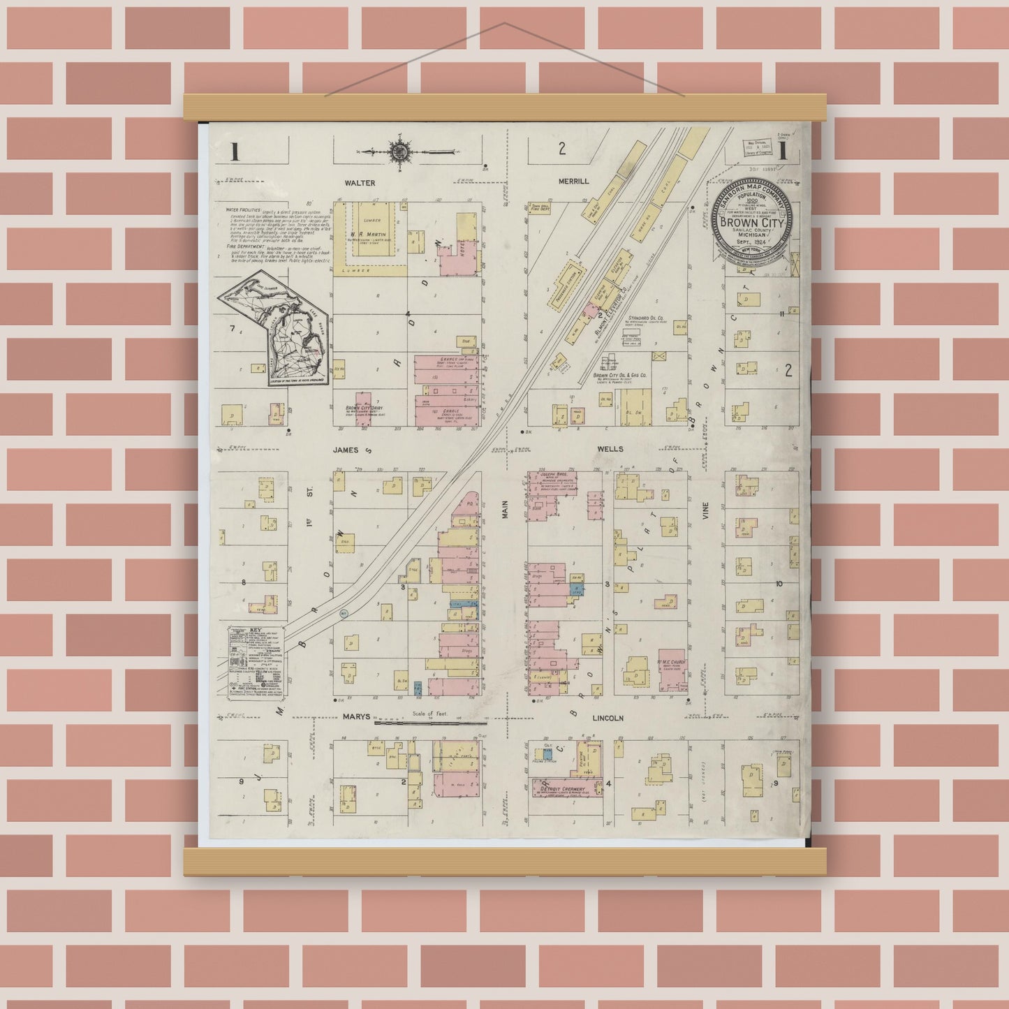 Old map wall art mockup — magnetic wood frame on brick wall — Sanborn Fire Insurance Map from Brown City, Sanilac County, Michigan (1924) - Complete Map Set