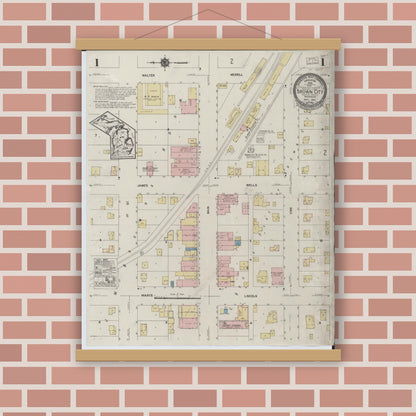 Old map wall art mockup — magnetic wood frame on brick wall — Sanborn Fire Insurance Map from Brown City, Sanilac County, Michigan (1924) - Complete Map Set