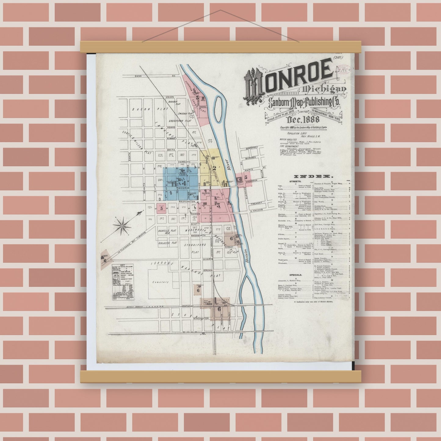 Old map wall art mockup — magnetic wood frame on brick wall — Sanborn Fire Insurance Map from Monroe, Monroe County, Michigan (1888) - Complete Map Set