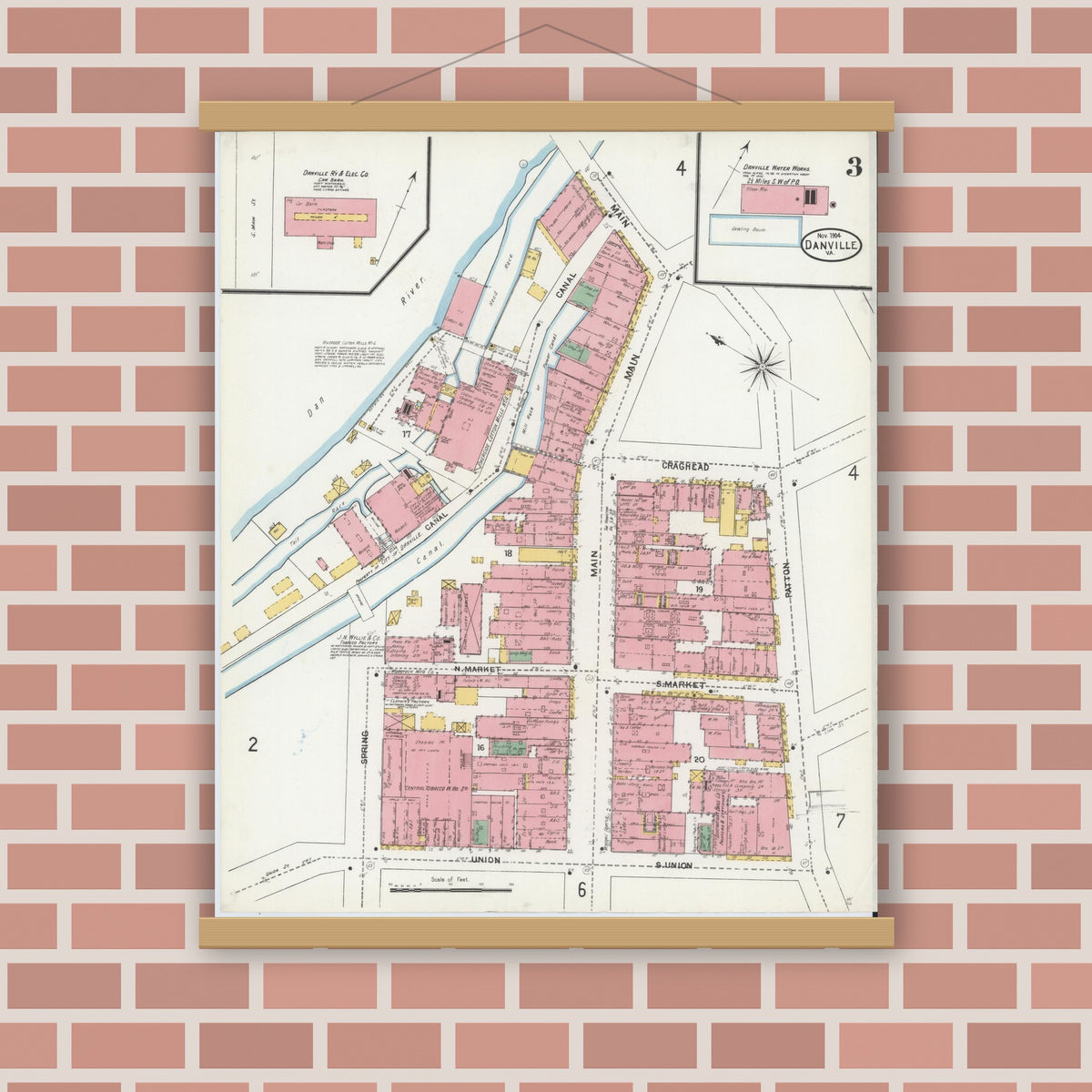 Old map wall art mockup — magnetic wood frame on brick wall — Sanborn Fire Insurance Map from Danville, Independent Cities, Virginia (1904), Sheet #0003