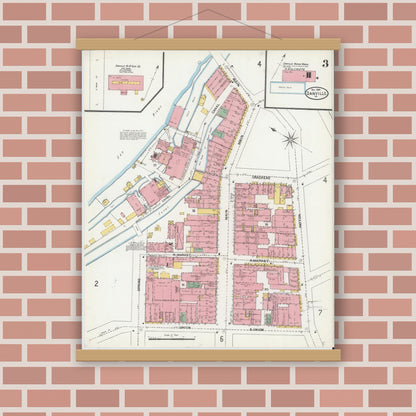Old map wall art mockup — magnetic wood frame on brick wall — Sanborn Fire Insurance Map from Danville, Independent Cities, Virginia (1904), Sheet #0003
