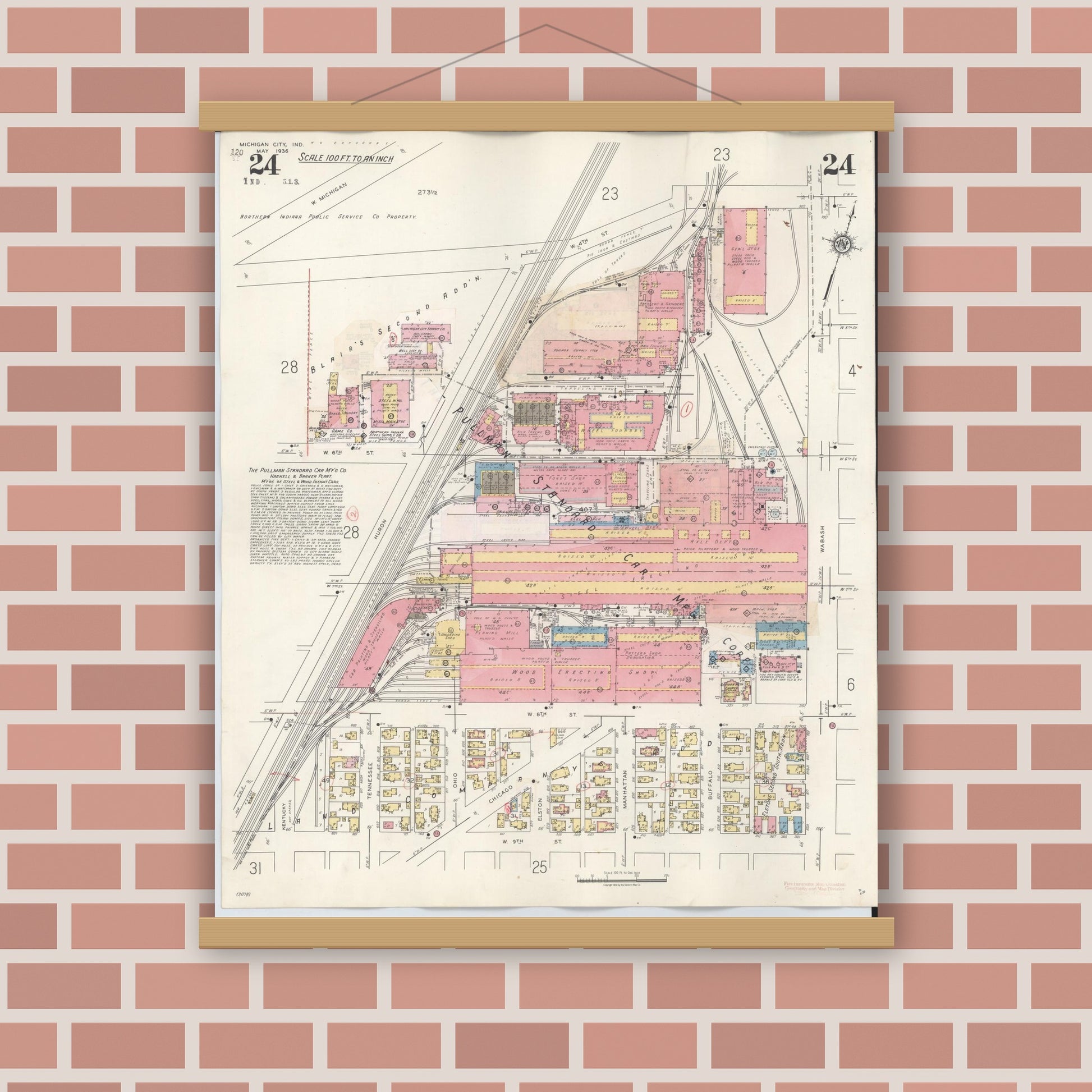 Old map wall art mockup — magnetic wood frame on brick wall — Sanborn Fire Insurance Map from Michigan City, La Porte County, Indiana (1948), Sheet #0024
