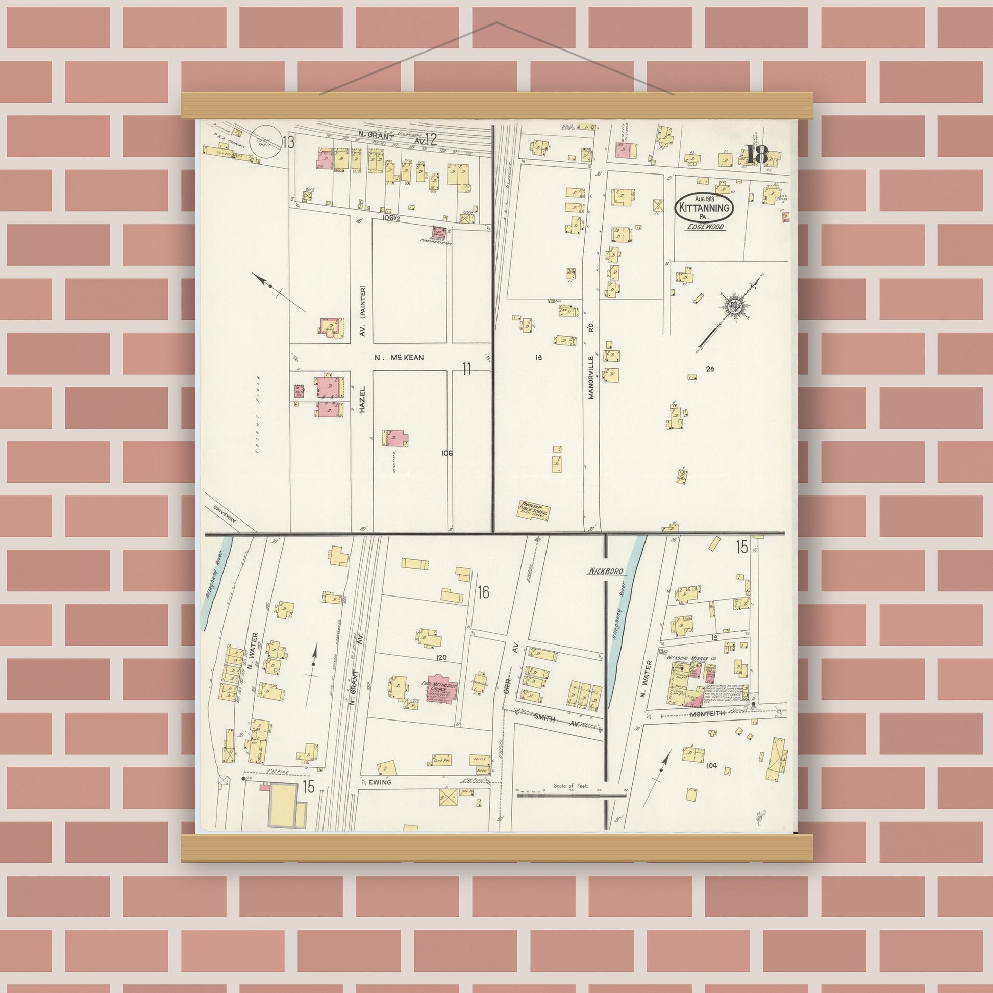 Old map wall art mockup — magnetic wood frame on brick wall — Sanborn Fire Insurance Map from Kittanning, Armstrong County, Pennsylvania (1913), Sheet #0018