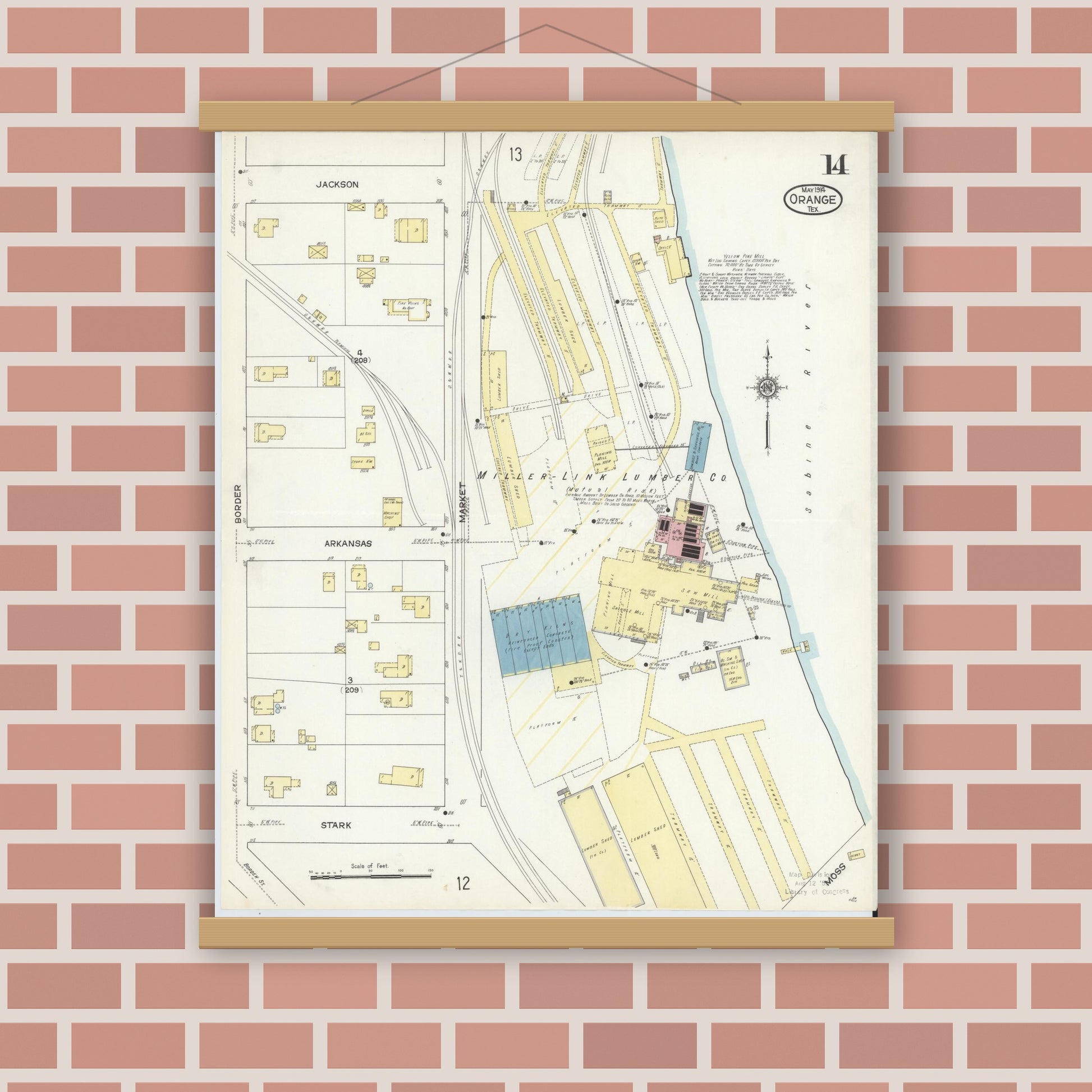 Old map wall art mockup — magnetic wood frame on brick wall — Sanborn Fire Insurance Map from Orange, Orange County, Texas (1914), Sheet #0014