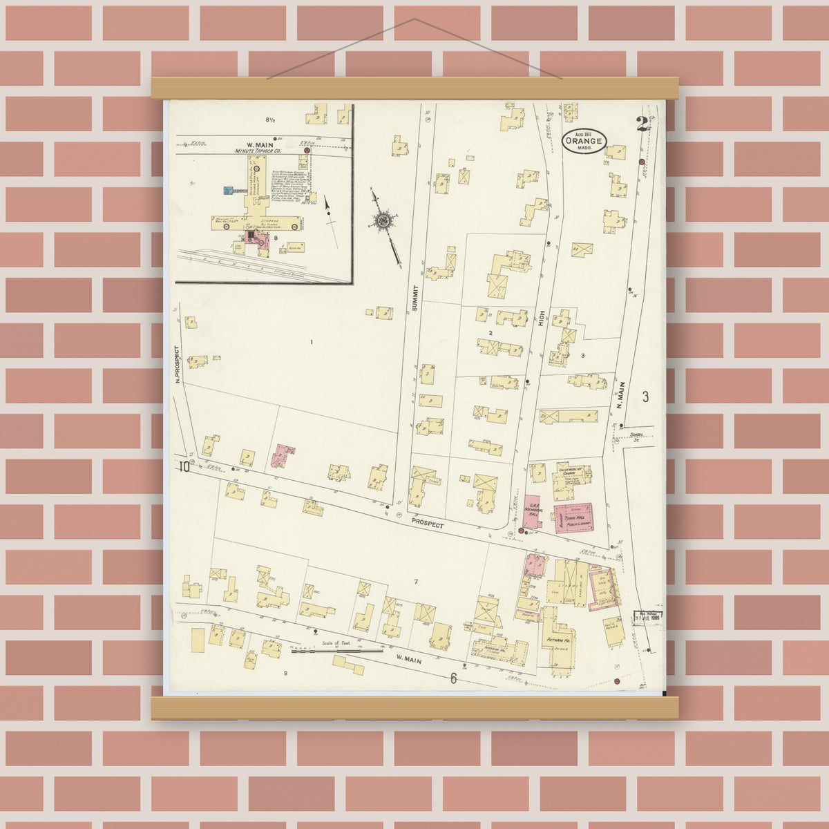 Old map wall art mockup — magnetic wood frame on brick wall — Sanborn Fire Insurance Map from Orange, Franklin County, Massachusetts (1911), Sheet #0002