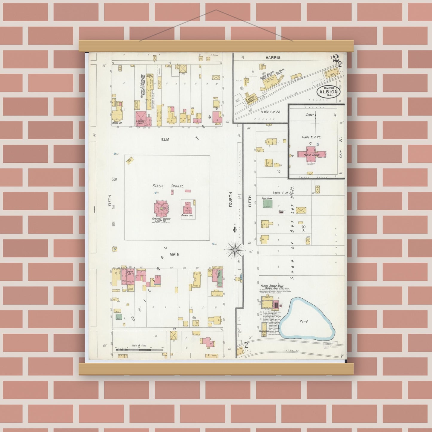 Old map wall art mockup — magnetic wood frame on brick wall — Sanborn Fire Insurance Map from Albion, Edwards County, Illinois (1900), Sheet #0002