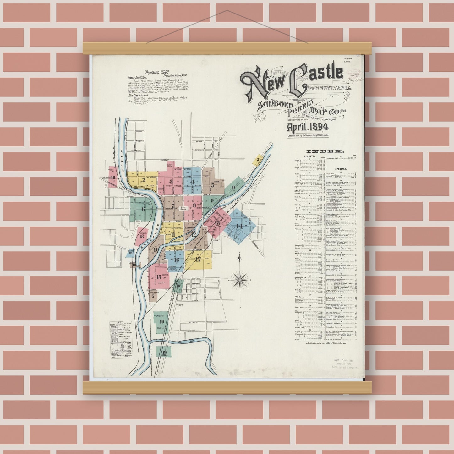 Old map wall art mockup — magnetic wood frame on brick wall — Sanborn Fire Insurance Map from New Castle, Lawrence County, Pennsylvania (1894) - Complete Map Set