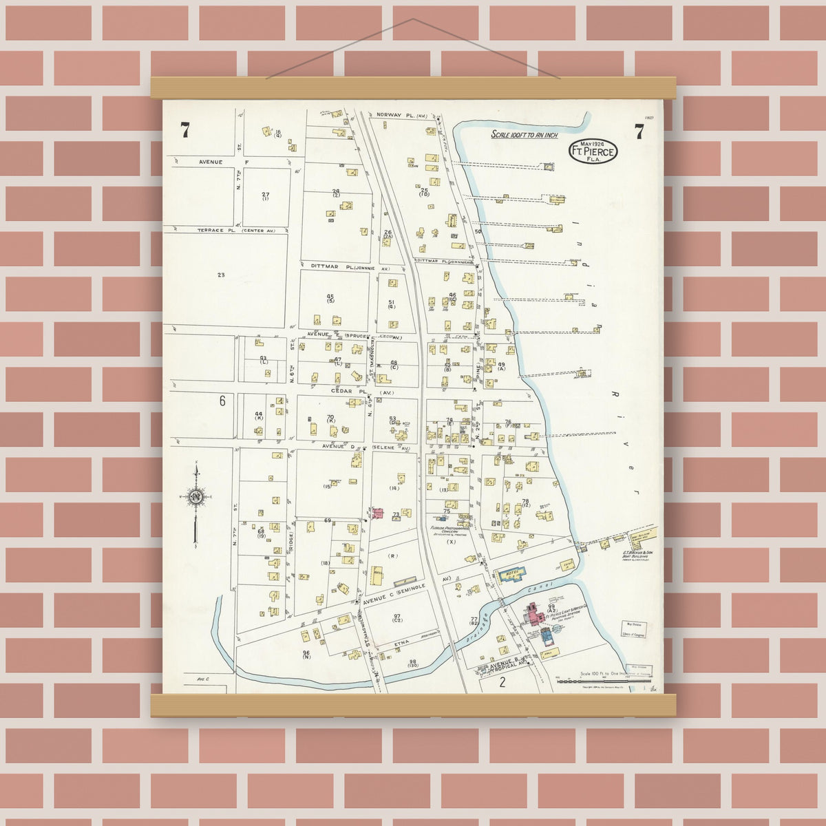Old map wall art mockup — magnetic wood frame on brick wall — Sanborn Fire Insurance Map from Fort Pierce, St Lucie County, Florida (1924), Sheet #0007