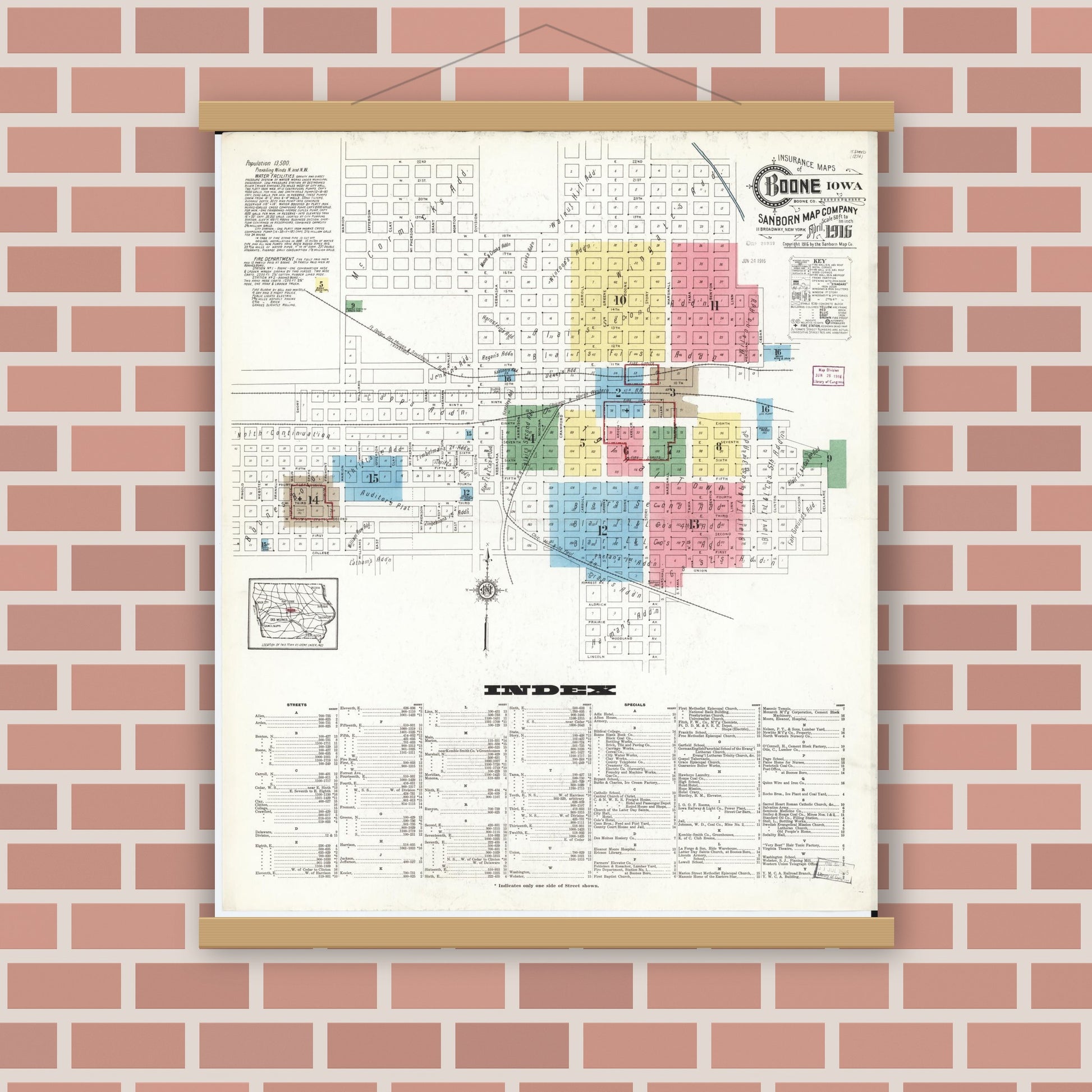 Old map wall art mockup — magnetic wood frame on brick wall — Sanborn Fire Insurance Map from Boone, Boone County, Iowa (1916) â€” Complete Set
