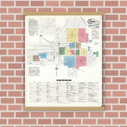 Old map wall art mockup — magnetic wood frame on brick wall — Sanborn Fire Insurance Map from Boone, Boone County, Iowa (1916) â€” Complete Set
