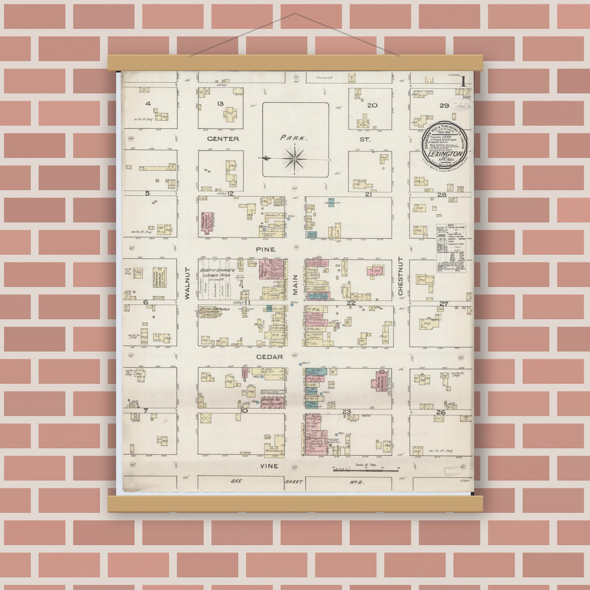 Old map wall art mockup — magnetic wood frame on brick wall — Sanborn Fire Insurance Map from Lexington, McLean County, Illinois (1885), Sheet #0001