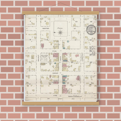 Old map wall art mockup — magnetic wood frame on brick wall — Sanborn Fire Insurance Map from Lexington, McLean County, Illinois (1885), Sheet #0001