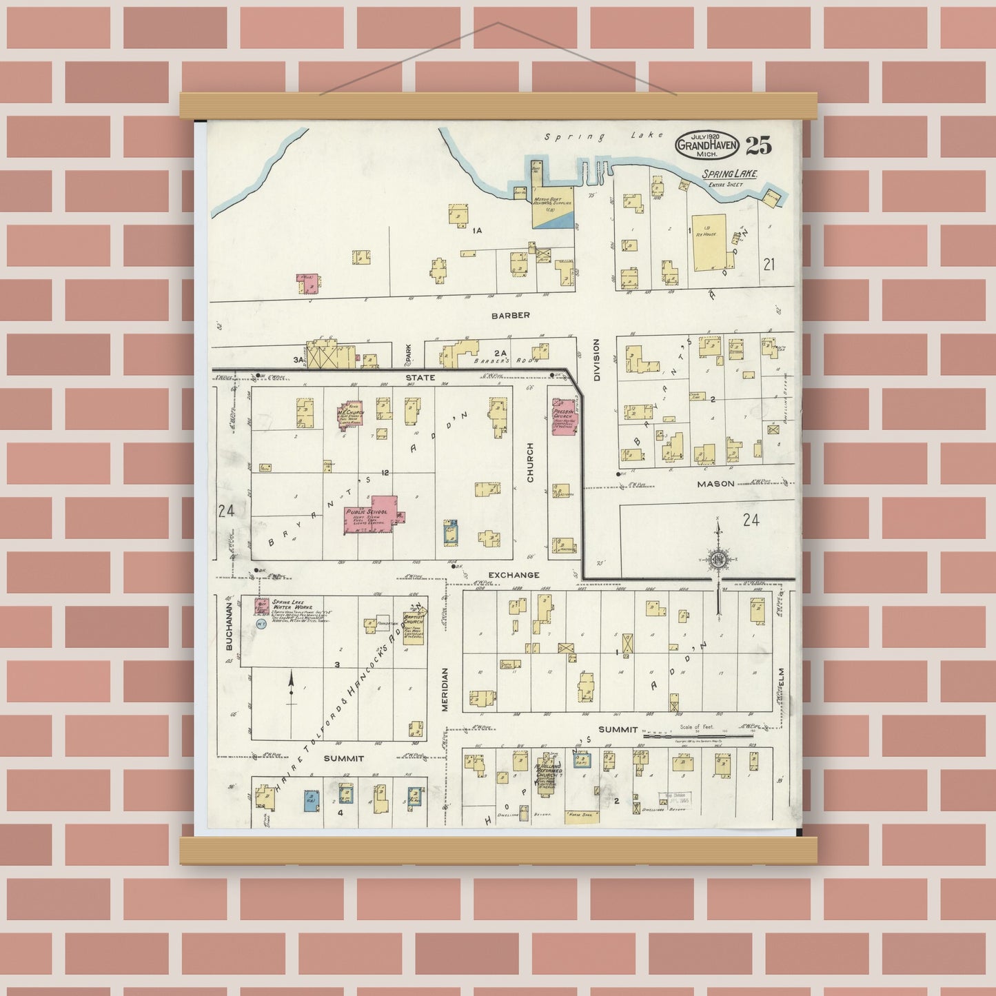 Old map wall art mockup — magnetic wood frame on brick wall — Sanborn Fire Insurance Map from Grand Haven, Ottawa County, Michigan (1920), Sheet #0025
