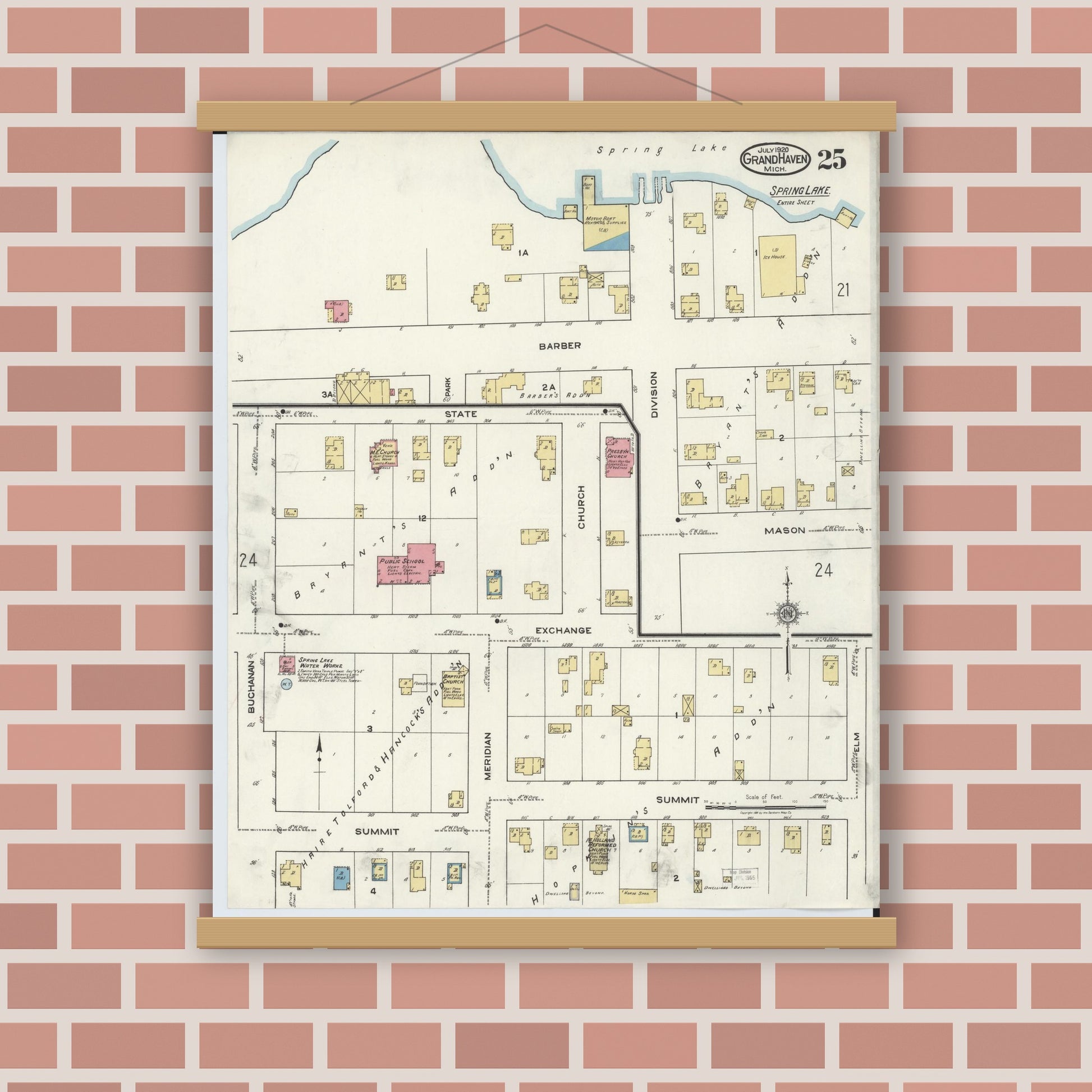 Old map wall art mockup — magnetic wood frame on brick wall — Sanborn Fire Insurance Map from Grand Haven, Ottawa County, Michigan (1920), Sheet #0025