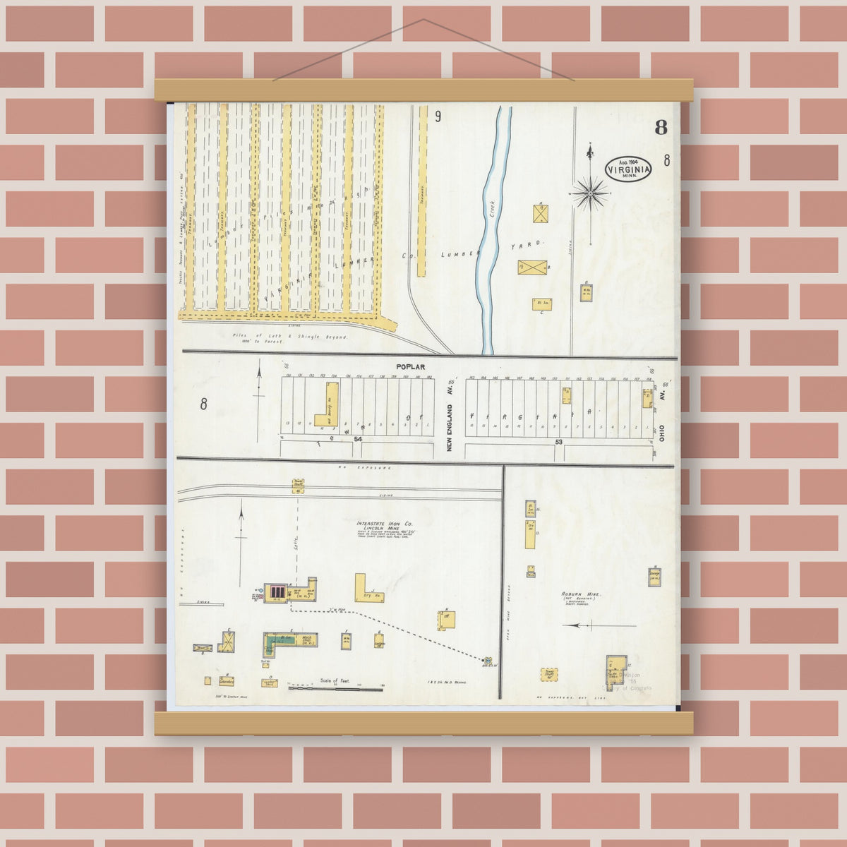 Old map wall art mockup — magnetic wood frame on brick wall — Sanborn Fire Insurance Map from Virginia, Saint Louis County, Minnesota (1904), Sheet #0008