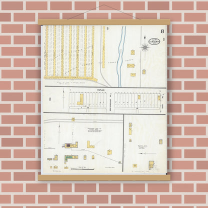 Old map wall art mockup — magnetic wood frame on brick wall — Sanborn Fire Insurance Map from Virginia, Saint Louis County, Minnesota (1904), Sheet #0008