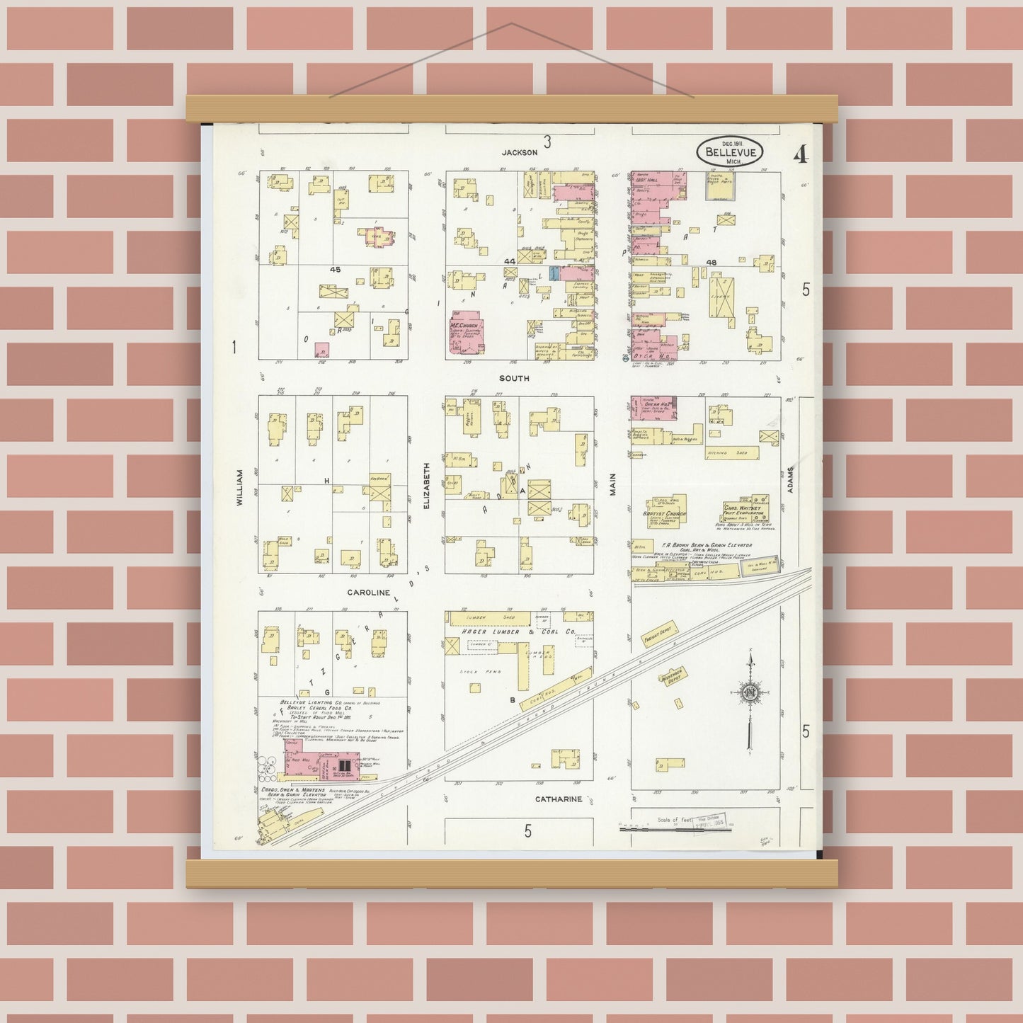 Old map wall art mockup — magnetic wood frame on brick wall — Sanborn Fire Insurance Map from Bellevue, Eaton County, Michigan (1911), Sheet #0004
