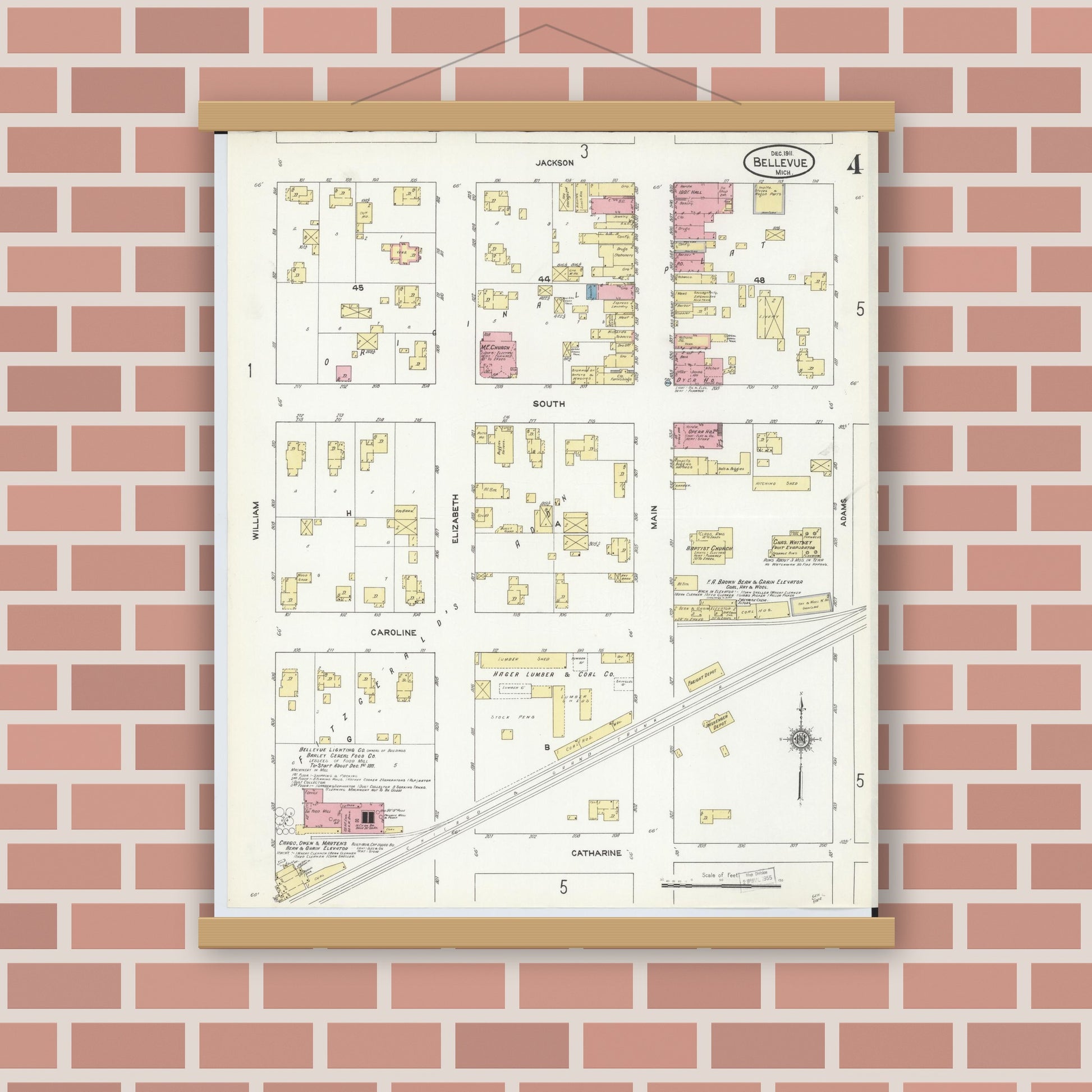 Old map wall art mockup — magnetic wood frame on brick wall — Sanborn Fire Insurance Map from Bellevue, Eaton County, Michigan (1911), Sheet #0004