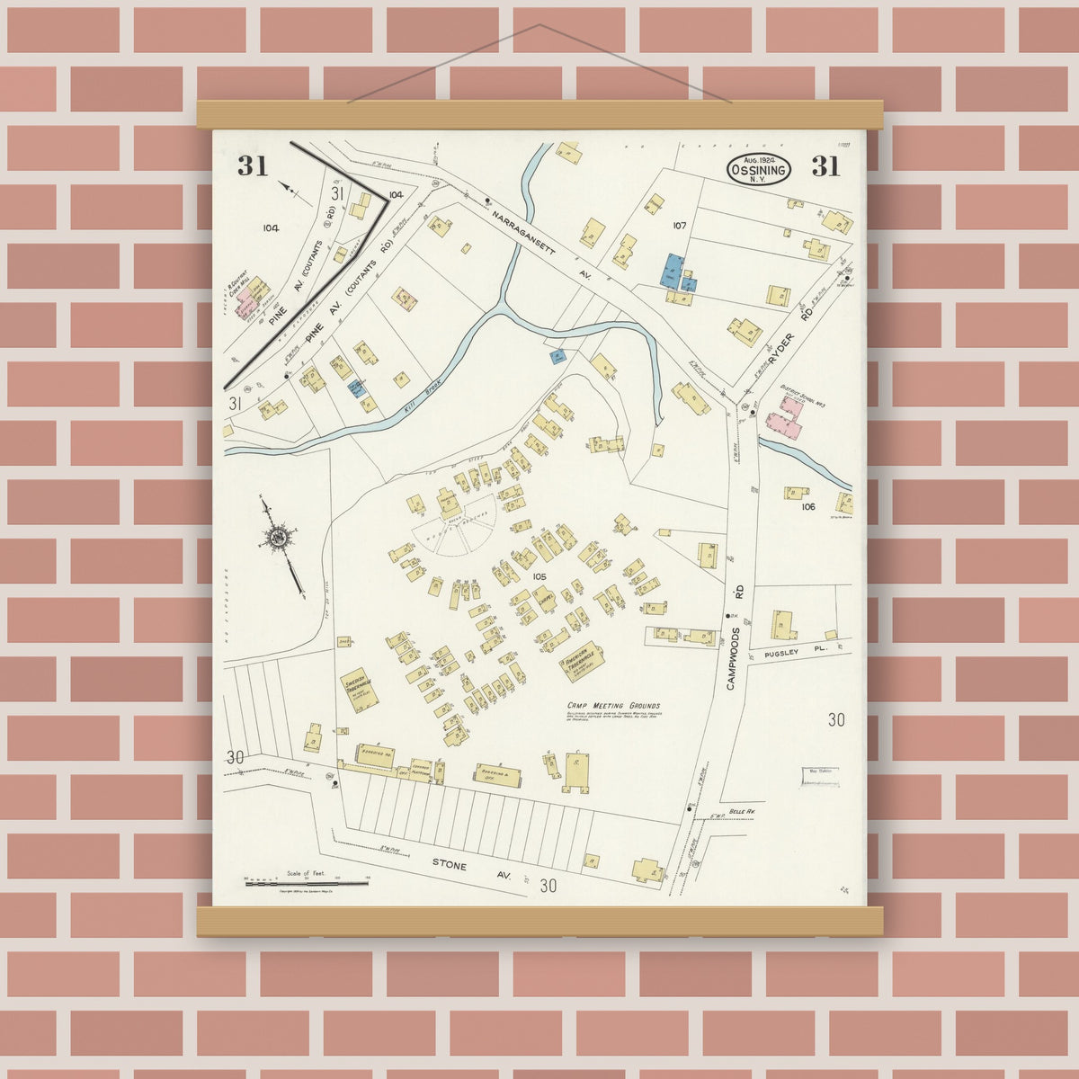 Old map wall art mockup — magnetic wood frame on brick wall — Sanborn Fire Insurance Map from Ossining, Westchester County, New York (1924), Sheet #0031