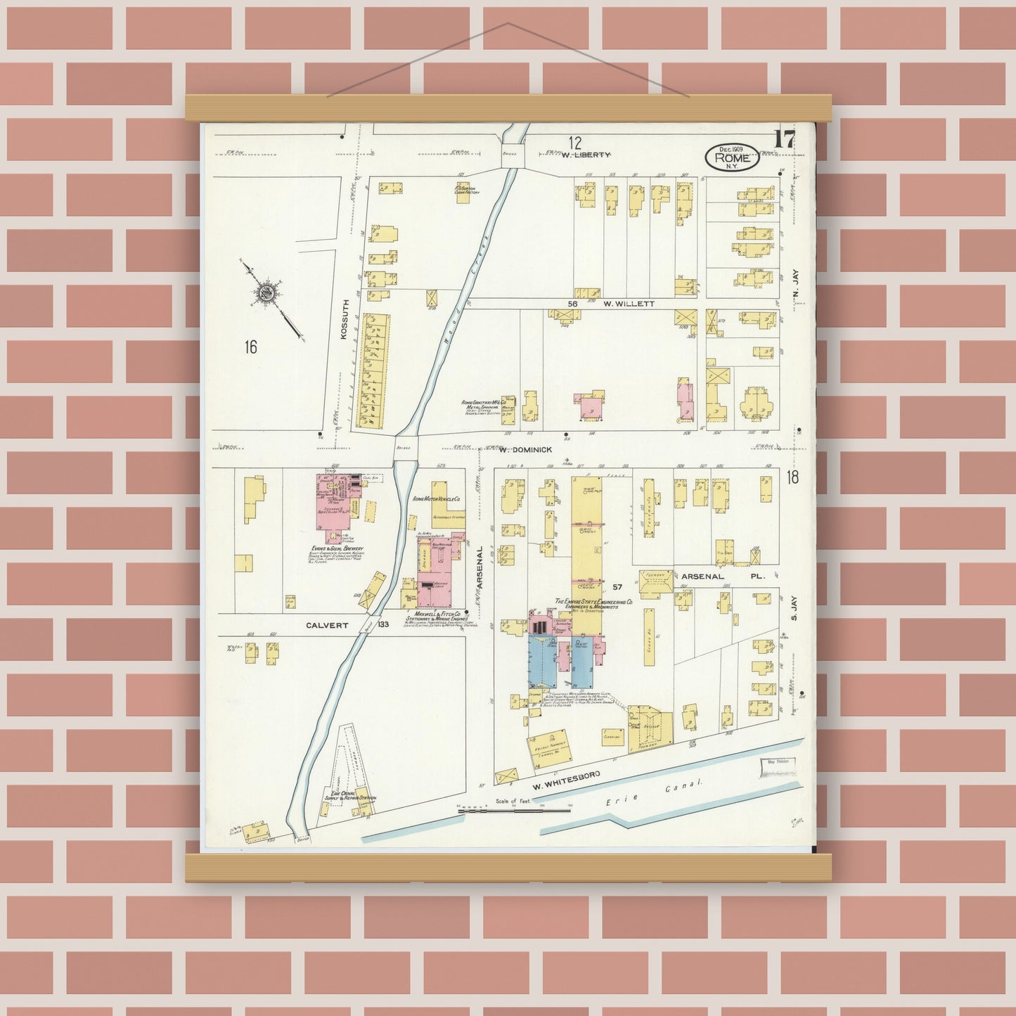 Old map wall art mockup — magnetic wood frame on brick wall — Sanborn Fire Insurance Map from Rome, Oneida County, New York (1909), Sheet #0017