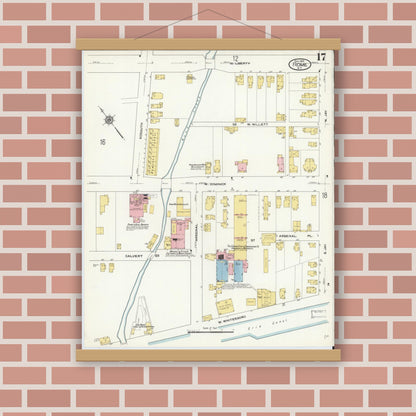 Old map wall art mockup — magnetic wood frame on brick wall — Sanborn Fire Insurance Map from Rome, Oneida County, New York (1909), Sheet #0017