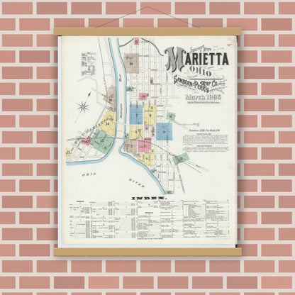 Old map wall art mockup — magnetic wood frame on brick wall — Sanborn Fire Insurance Map from Marietta, Washington County, Ohio (1896) - Complete Map Set