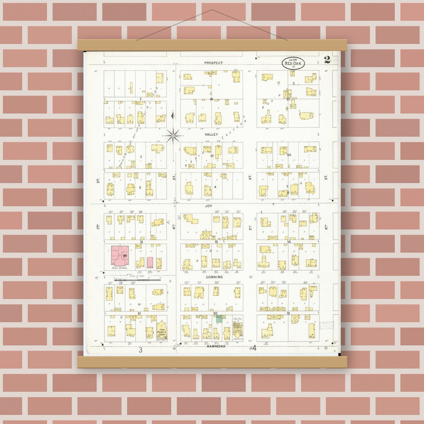 Old map wall art mockup — magnetic wood frame on brick wall — Sanborn Fire Insurance Map from Red Oak, Montgomery County, Iowa (1899), Sheet #0002