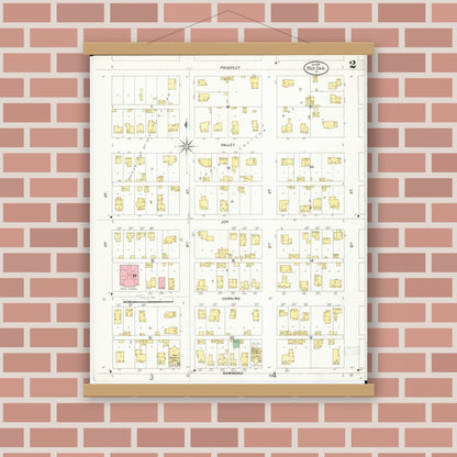 Old map wall art mockup — magnetic wood frame on brick wall — Sanborn Fire Insurance Map from Red Oak, Montgomery County, Iowa (1899), Sheet #0002