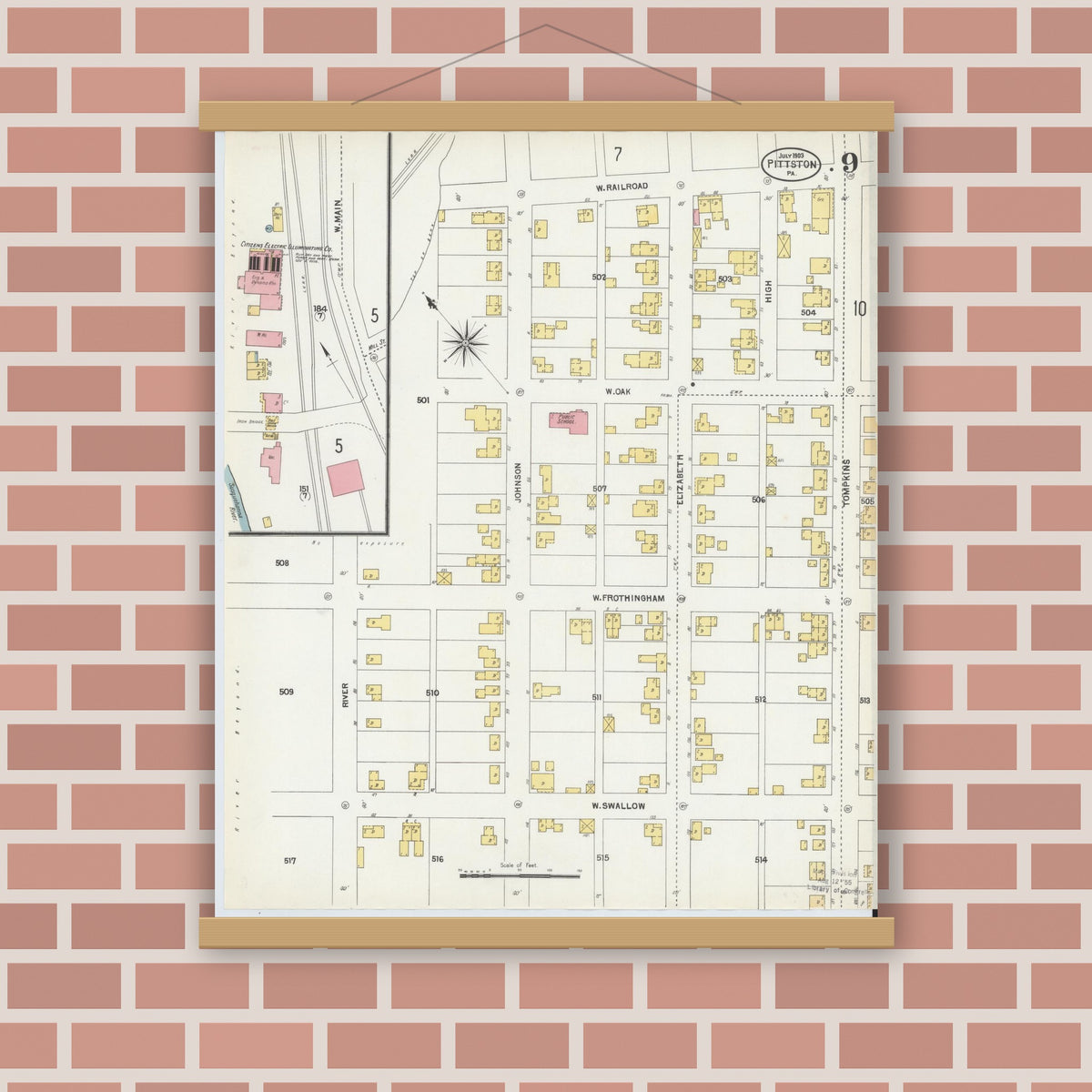 Old map wall art mockup — magnetic wood frame on brick wall — Sanborn Fire Insurance Map from Pittston, Luzerne County, Pennsylvania (1903), Sheet #0009