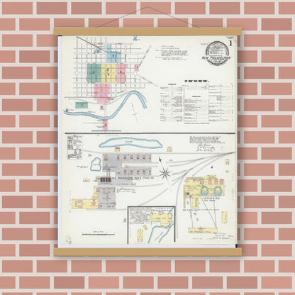 Old map wall art mockup — magnetic wood frame on brick wall — Sanborn Fire Insurance Map from New Philadelphia, Tuscarawas County, Ohio (1892) - Complete Map Set