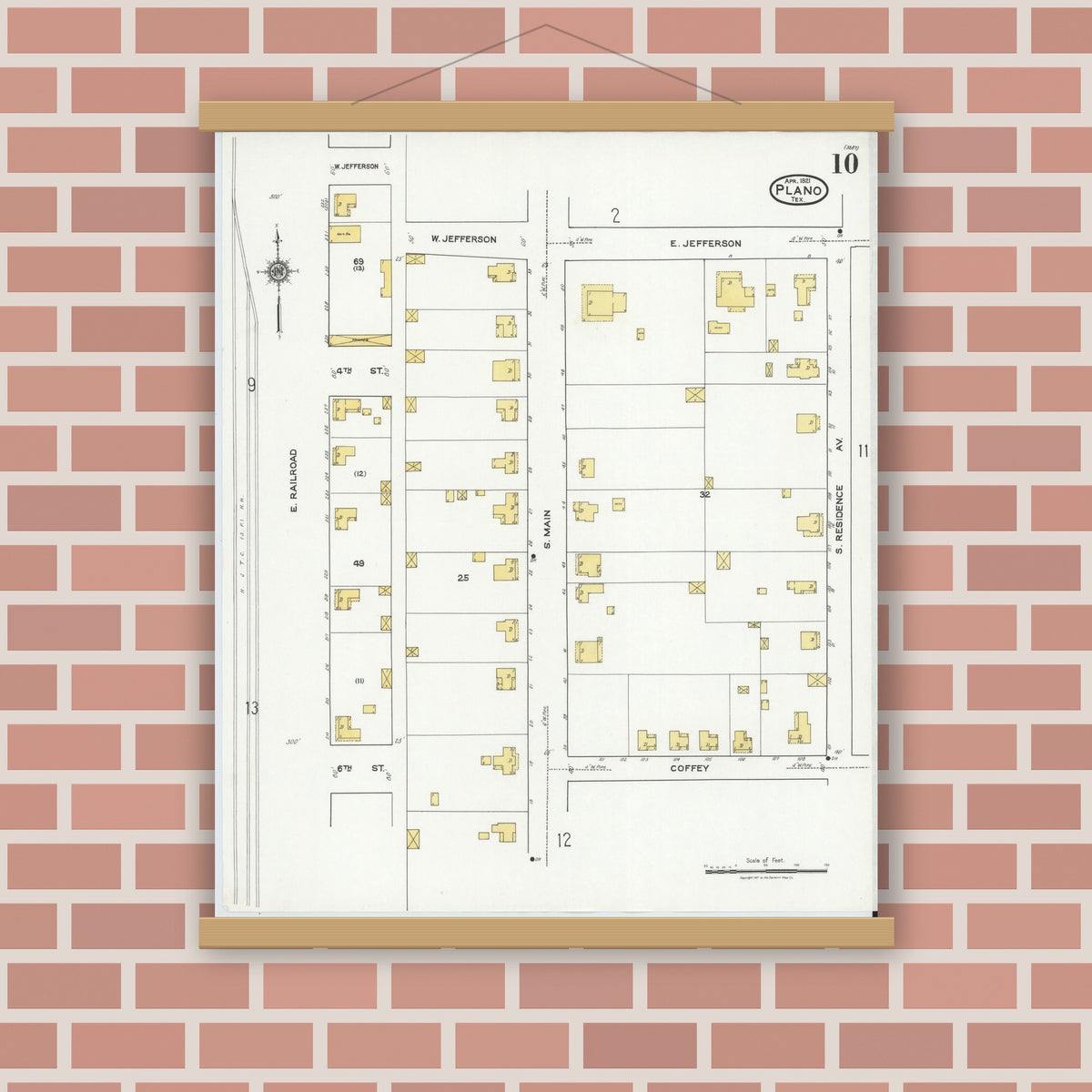 Old map wall art mockup — magnetic wood frame on brick wall — Sanborn Fire Insurance Map from Plano, Collin County, Texas (1921), Sheet #0010