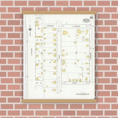 Old map wall art mockup — magnetic wood frame on brick wall — Sanborn Fire Insurance Map from Plano, Collin County, Texas (1921), Sheet #0010