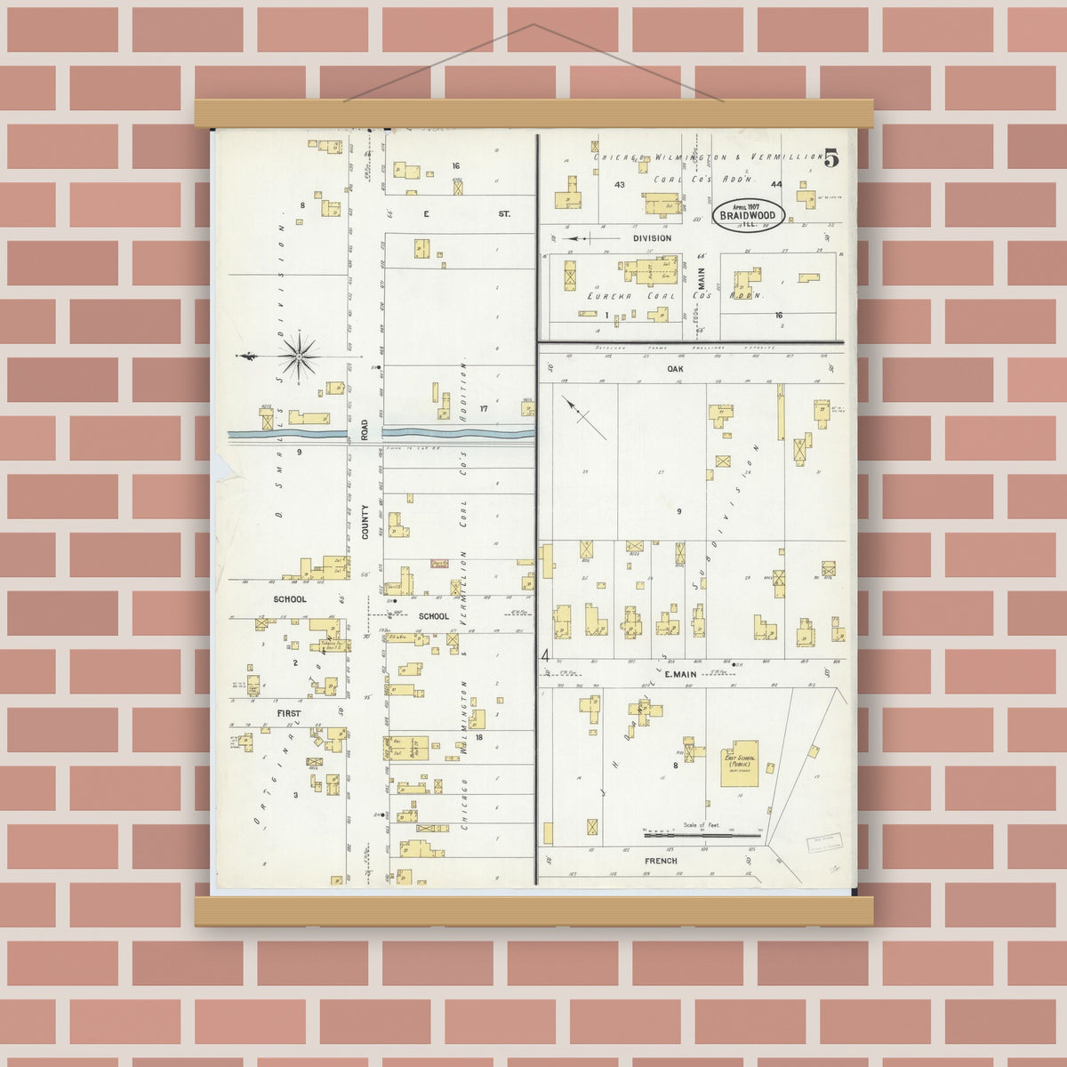 Old map wall art mockup — magnetic wood frame on brick wall — Sanborn Fire Insurance Map from Braidwood, Will County, Illinois (1907), Sheet #0005