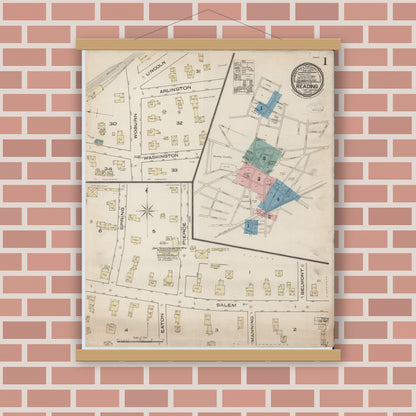 Old map wall art mockup — magnetic wood frame on brick wall — Sanborn Fire Insurance Map from Reading, Middlesex County, Massachusetts (1885) - Complete Map Set
