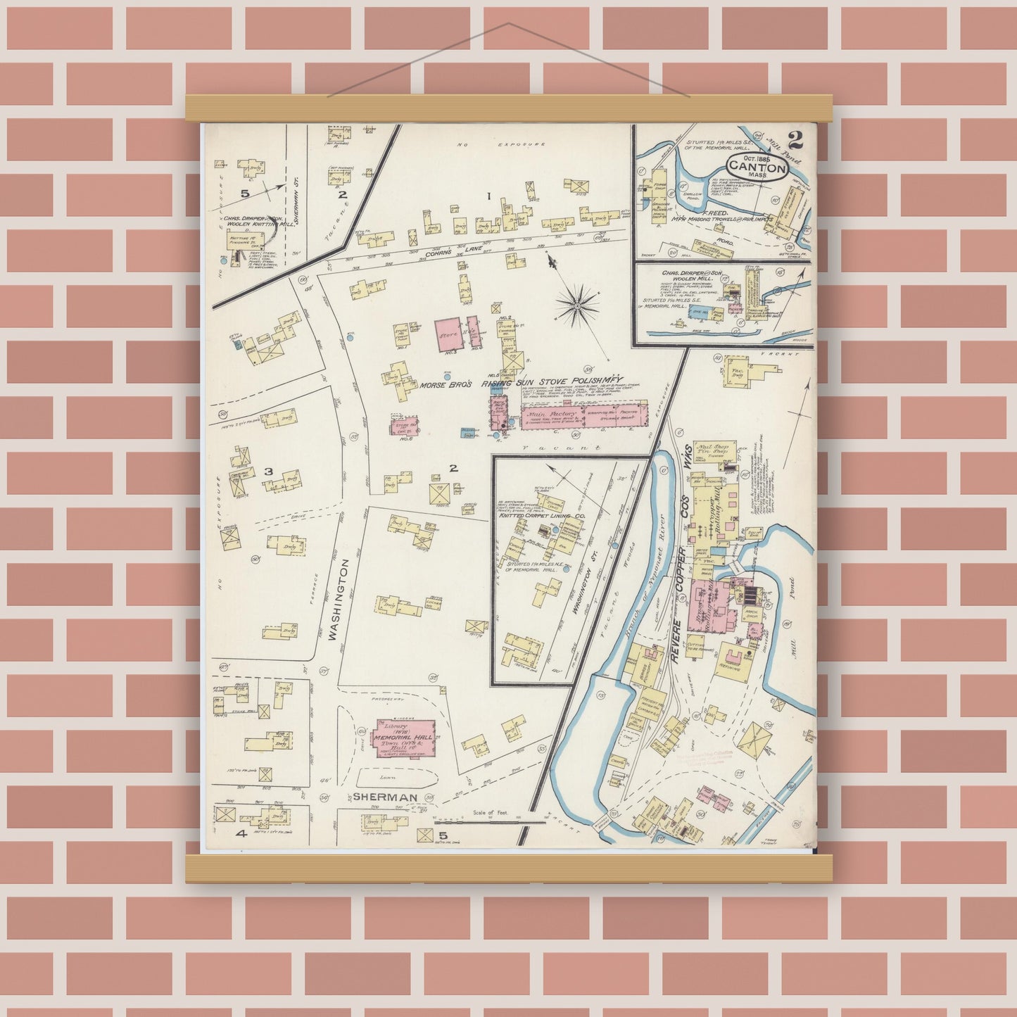 Old map wall art mockup — magnetic wood frame on brick wall — Sanborn Fire Insurance Map from Canton, Norfolk County, Massachusetts (1885), Sheet #0002