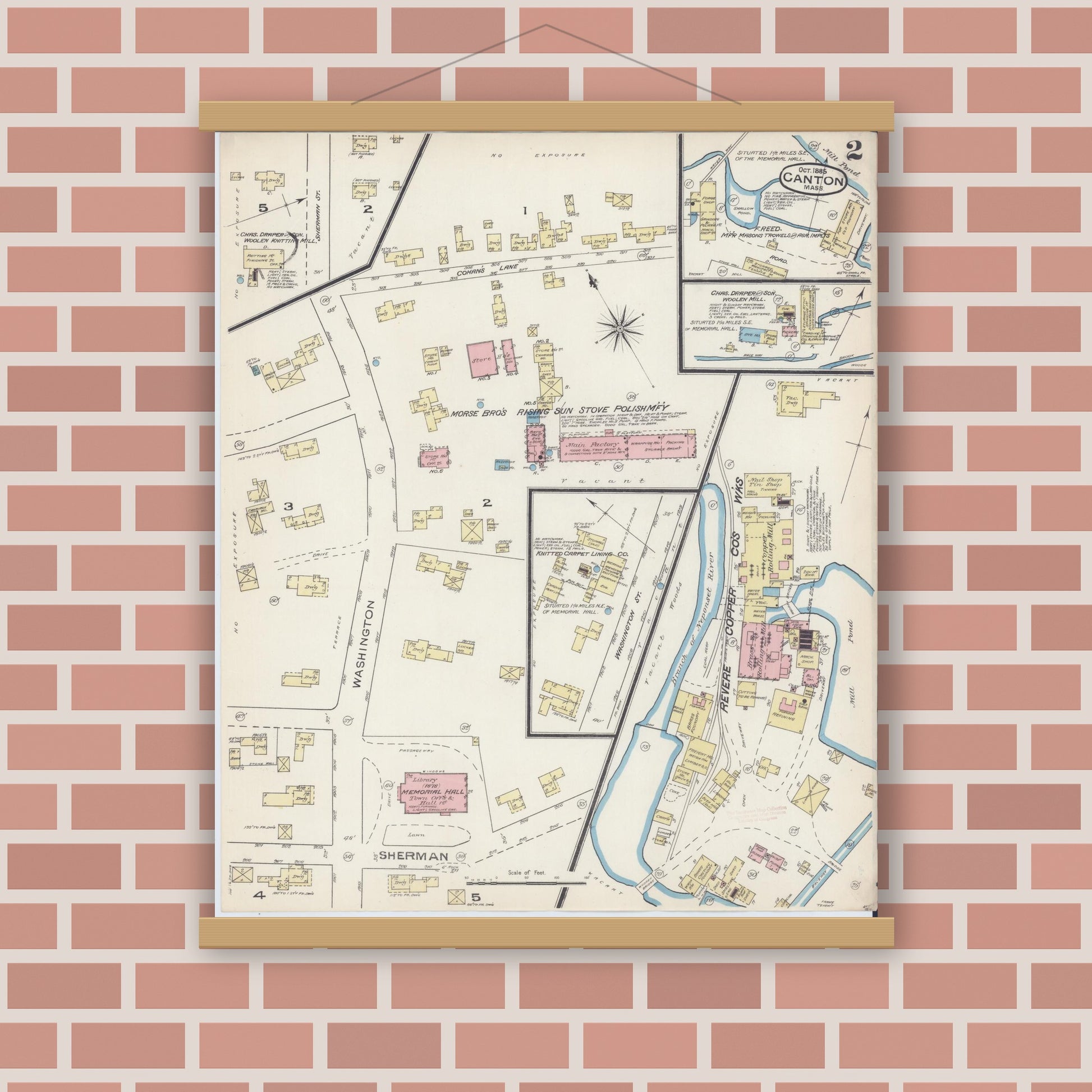 Old map wall art mockup — magnetic wood frame on brick wall — Sanborn Fire Insurance Map from Canton, Norfolk County, Massachusetts (1885), Sheet #0002