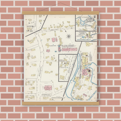 Old map wall art mockup — magnetic wood frame on brick wall — Sanborn Fire Insurance Map from Canton, Norfolk County, Massachusetts (1885), Sheet #0002
