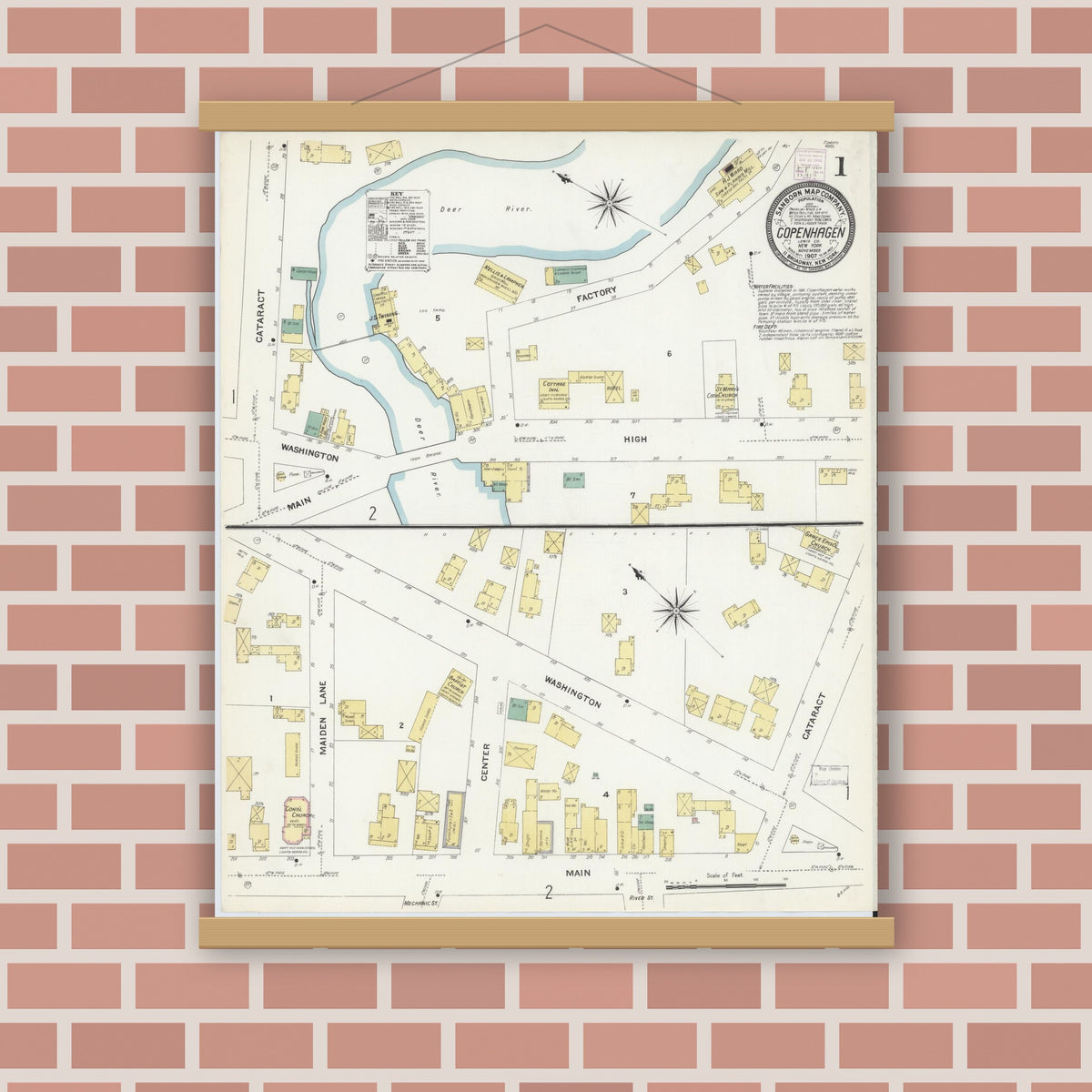 Old map wall art mockup — magnetic wood frame on brick wall — Sanborn Fire Insurance Map from Copenhagen, Lewis County, New York (1907) - Complete Map Set