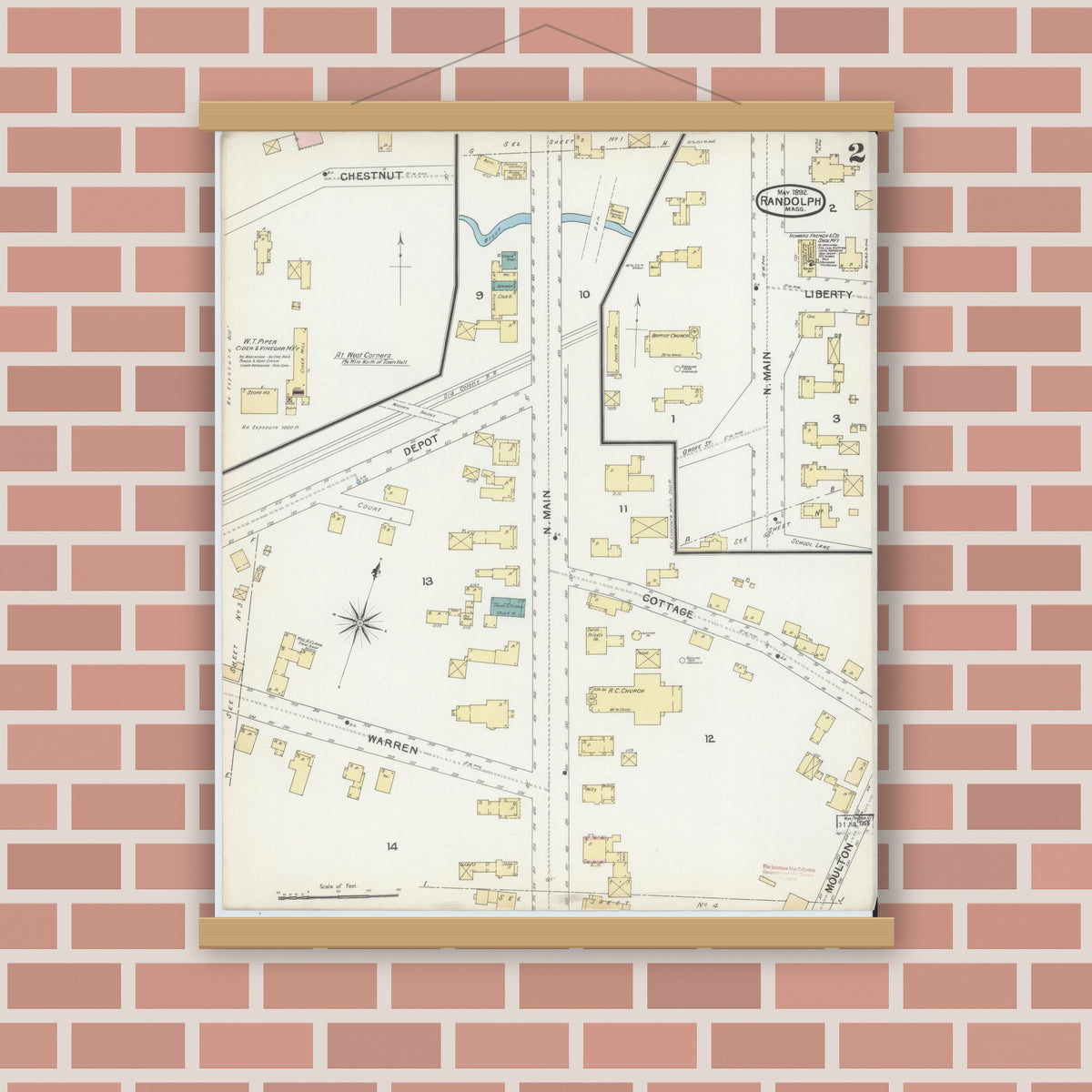 Old map wall art mockup — magnetic wood frame on brick wall — Sanborn Fire Insurance Map from Randolph, Norfolk County, Massachusetts (1892), Sheet #0002