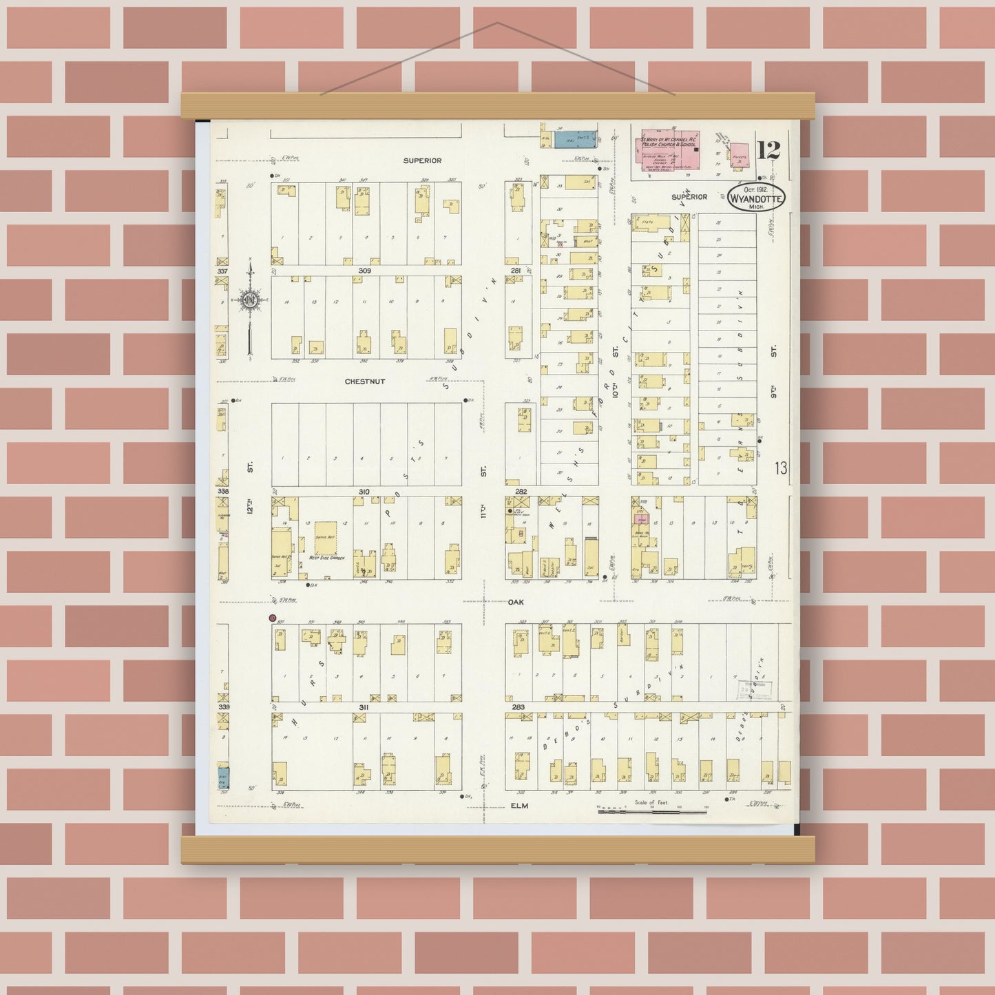 Old map wall art mockup — magnetic wood frame on brick wall — Sanborn Fire Insurance Map from Wyandotte, Wayne County, Michigan (1912), Sheet #0012