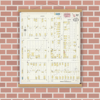 Old map wall art mockup — magnetic wood frame on brick wall — Sanborn Fire Insurance Map from Wyandotte, Wayne County, Michigan (1912), Sheet #0012