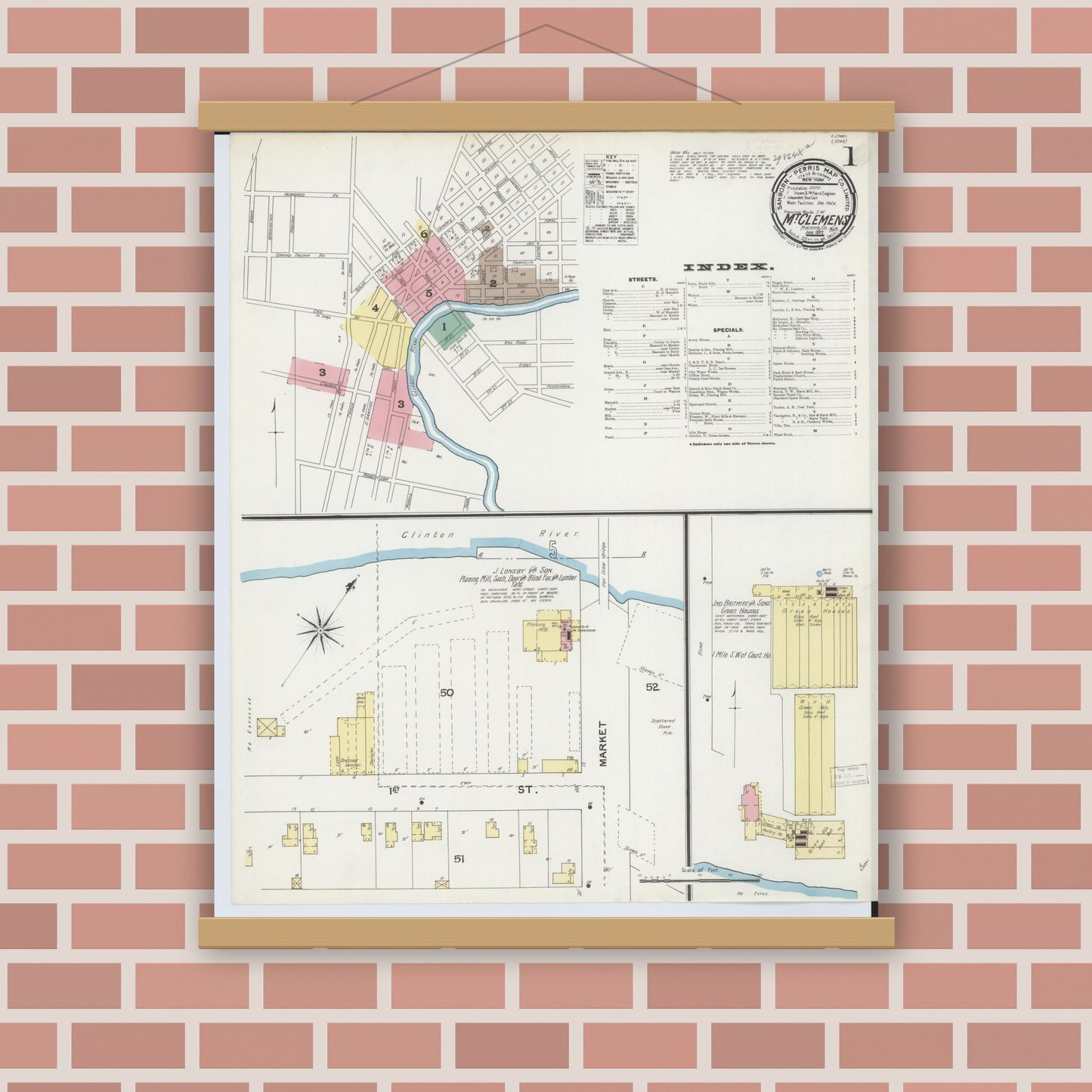 Old map wall art mockup — magnetic wood frame on brick wall — Sanborn Fire Insurance Map from Mount Clemens, Macomb County, Michigan (1892), Sheet #0001