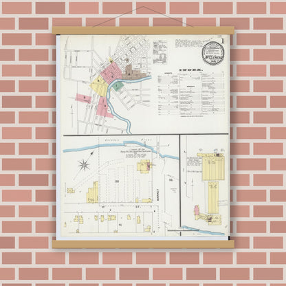 Old map wall art mockup — magnetic wood frame on brick wall — Sanborn Fire Insurance Map from Mount Clemens, Macomb County, Michigan (1892), Sheet #0001