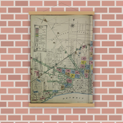 Old map wall art mockup — magnetic wood frame on brick wall — Sanborn Fire Insurance Map from Detroit, Wayne County, Michigan (1889), Sheet #0001
